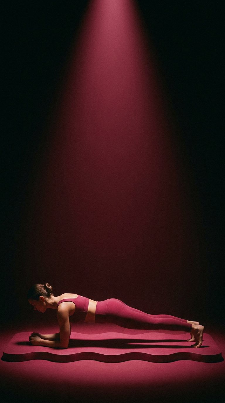 A woman holds a plank under a cone of red light