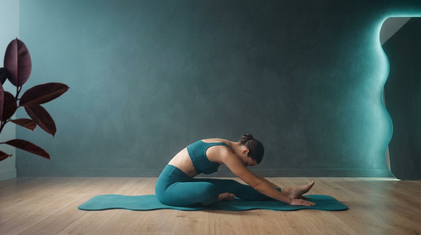 A woman folds into a slow seated stretch in blue light