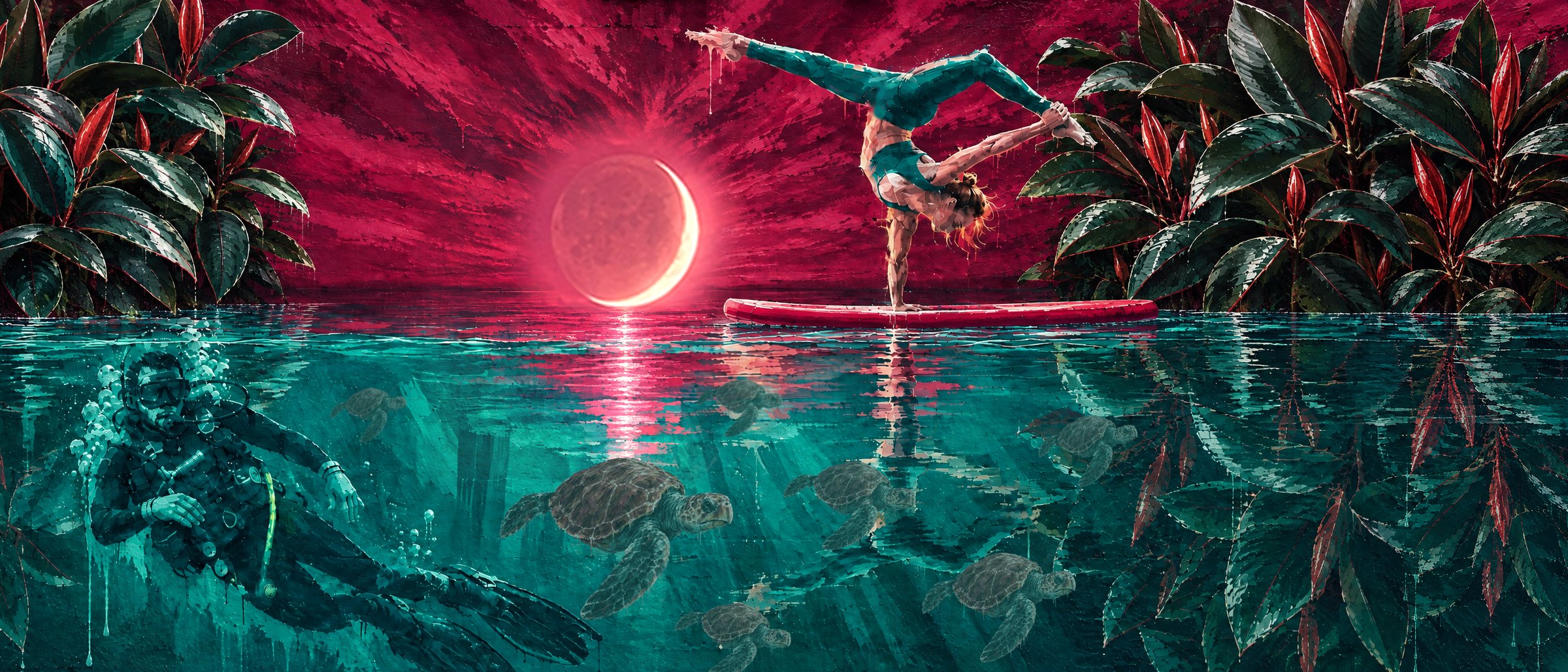 A painted mural scene: a woman holds a one-arm split handstand on a red paddleboard under a sliver moon, with rubber trees on both banks, a scuba diver and loggerhead sea turtles swimming in the teal water below.