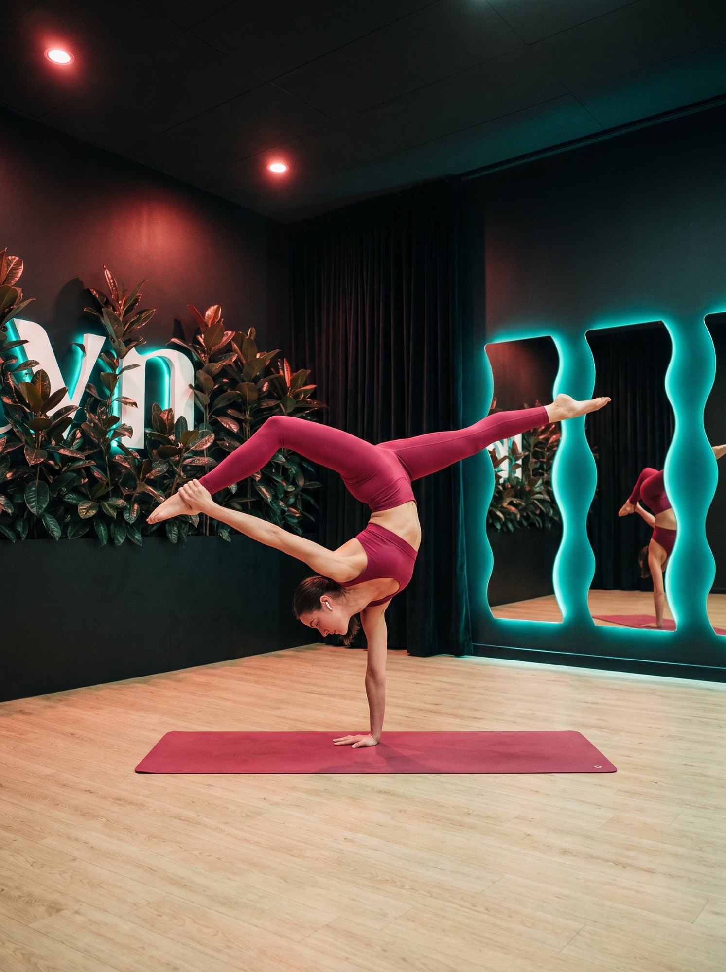 BrieAnna holding a one-arm handstand on a raspberry mat at havn fit